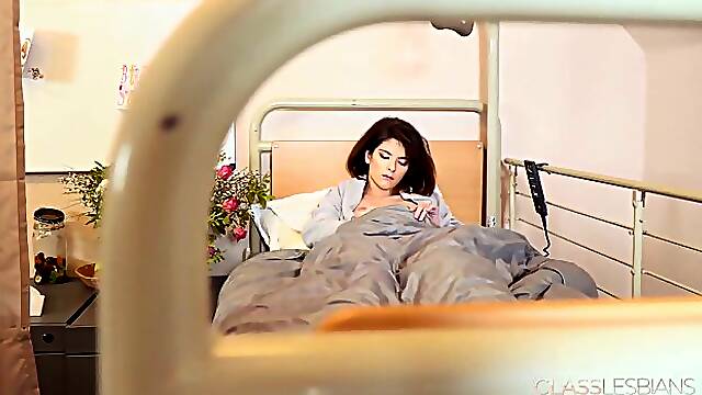 Teen brunette was caught masturbating by an aroused, blonde lesbian who wanted to have some fun