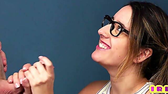 CFNM amateurs 21yo with glasses blowing and jerking dick