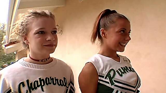 Cheerleader in panties licking balls in ffm porn shoot