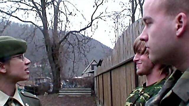 Horny brunette in a military uniform gets facialed after hard bonking