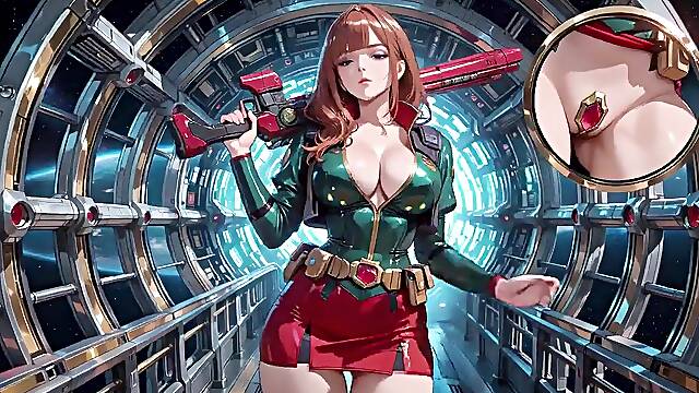 Inside the Sci-Fi Teach, that babe wears a constricted green armor, touching her red lips whilst gazing at the galaxy throughout the porthole.