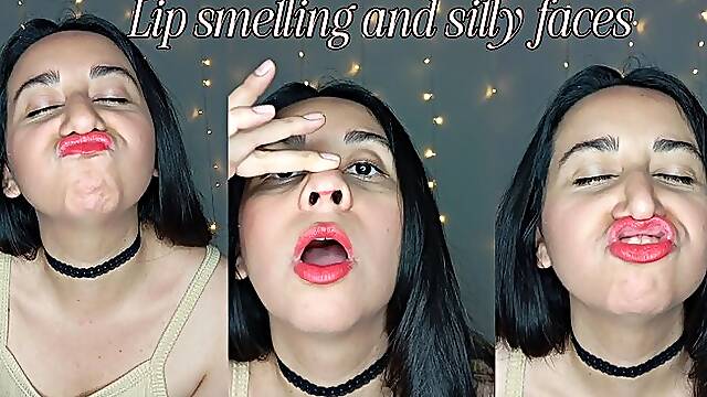 Lip smelling, red lipstick marks and funny faces