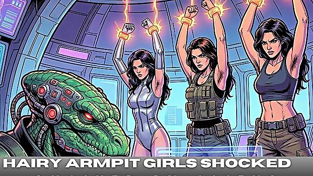 Sexy scifi women chained and shocked with electrical devices in BDSM bondage aboard an alien spaceship copy