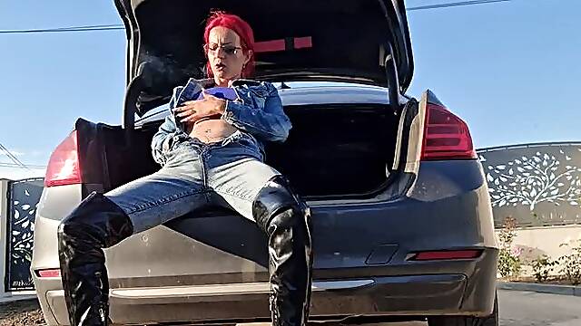 Nicotine Craving Denim Babe – Smoking & Pussy Play On Car Hood Fantasy