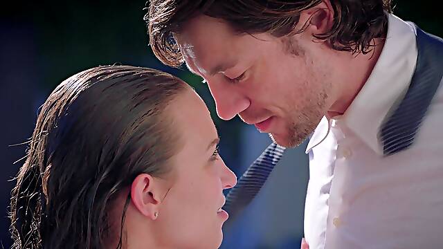 A couple has fun by the pool with Jean Val Jean and Lily Love