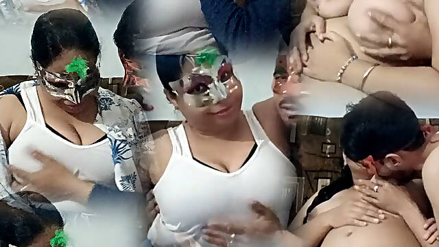 Masked Desi Group Orgy Wild Kiss Boobs Play in Masquerade Party Homemade Fun