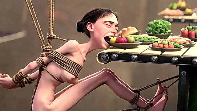 Skinny Girl in Rope Bondage - Non-stop Feeding Session
