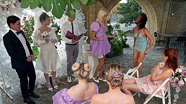 A charming bride got fucked in public by her lover in a steamy scene.